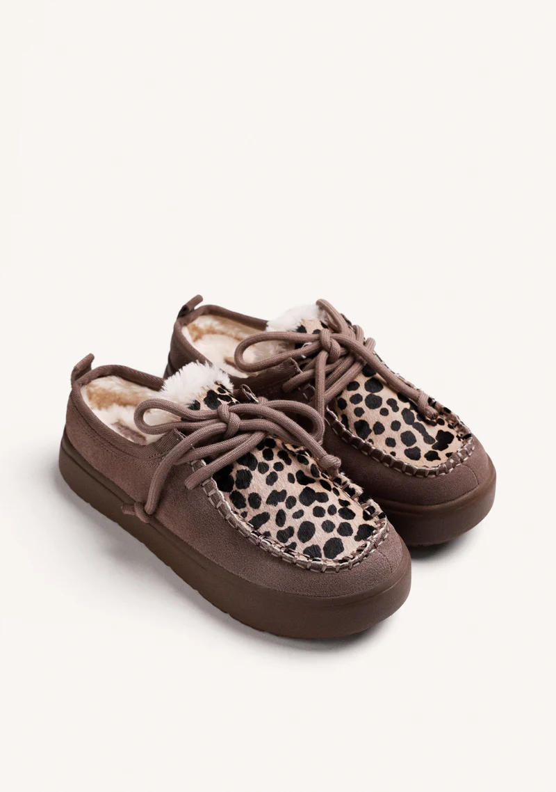 TAUPE SUEDE LEATHER ANIMAL PRINT CLOGS