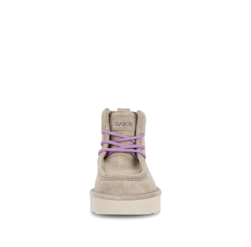 Bottines beiges en cuir velours (lacets violets)