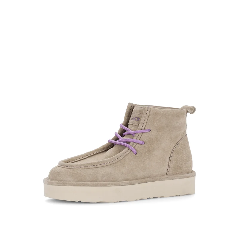 Bottines beiges en cuir velours (lacets violets)
