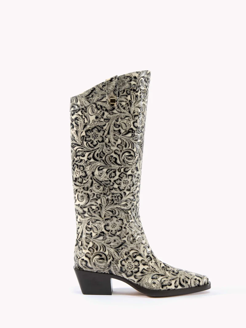 Bottes western Sienna Borgia en cuir embossé floral noir et blanc