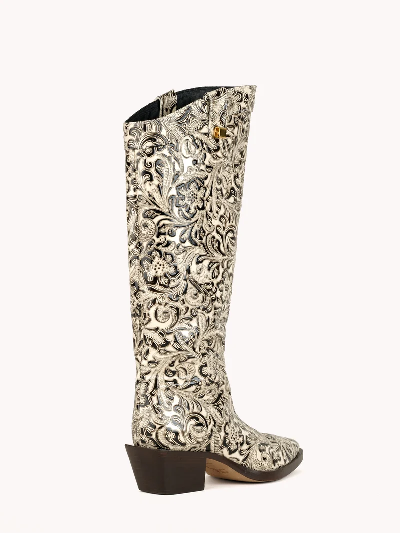 Bottes western Sienna Borgia en cuir embossé floral noir et blanc