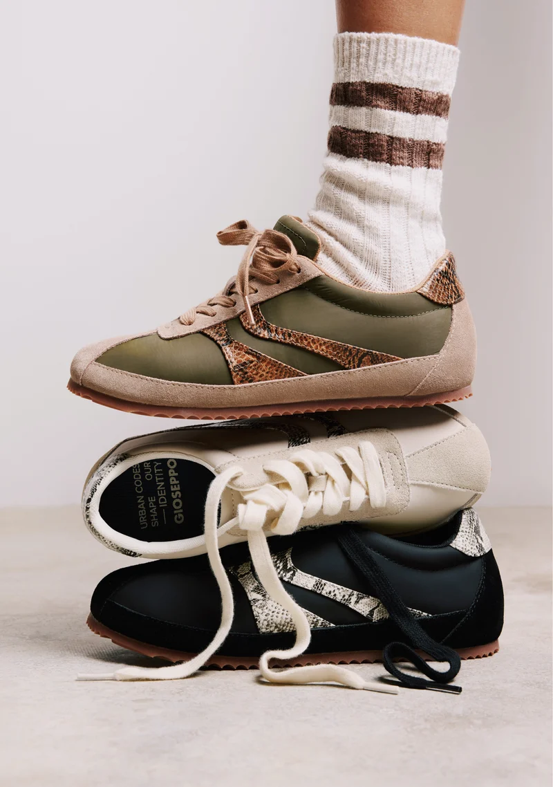 CREAM LEATHER AND NYLON SNEAKERS