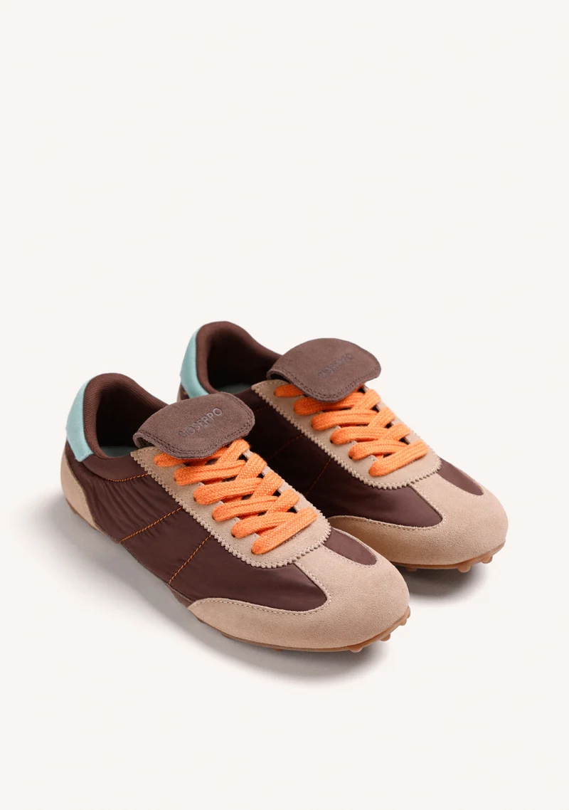 BROWN LEATHER AND NYLON SNEAKERS