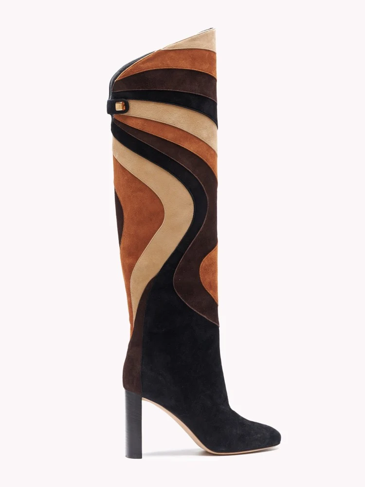 Bottes Aurora en suède patchwork marron sahara et talon haut