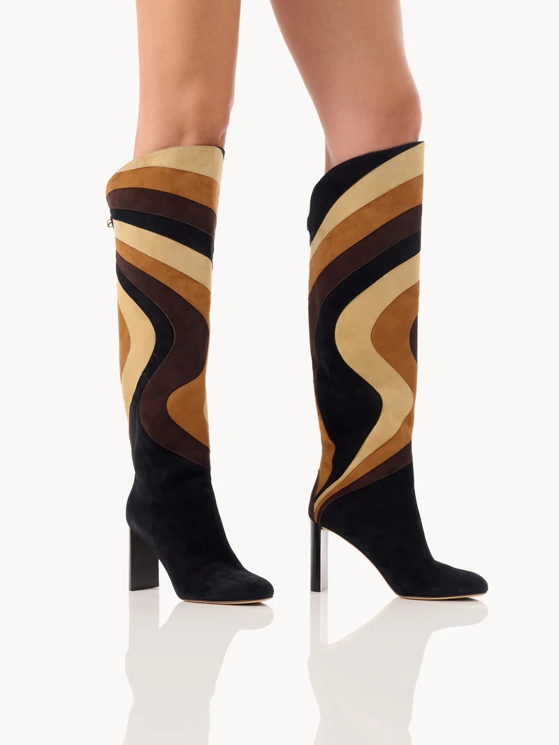 Bottes Aurora en suède patchwork marron sahara et talon haut