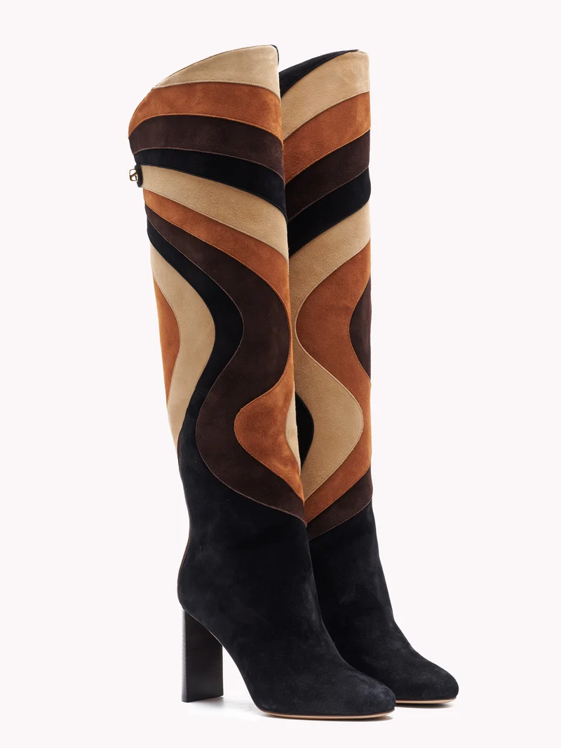 Bottes Aurora en suède patchwork marron sahara et talon haut