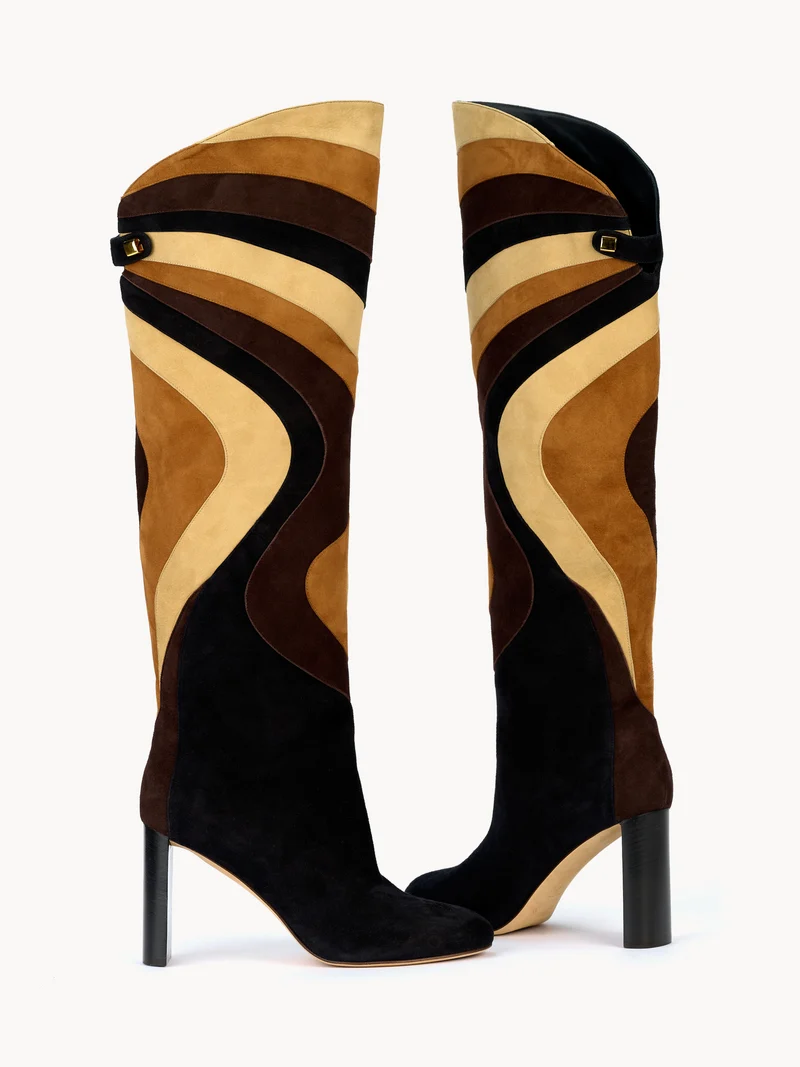 Bottes Aurora en suède patchwork marron sahara et talon haut