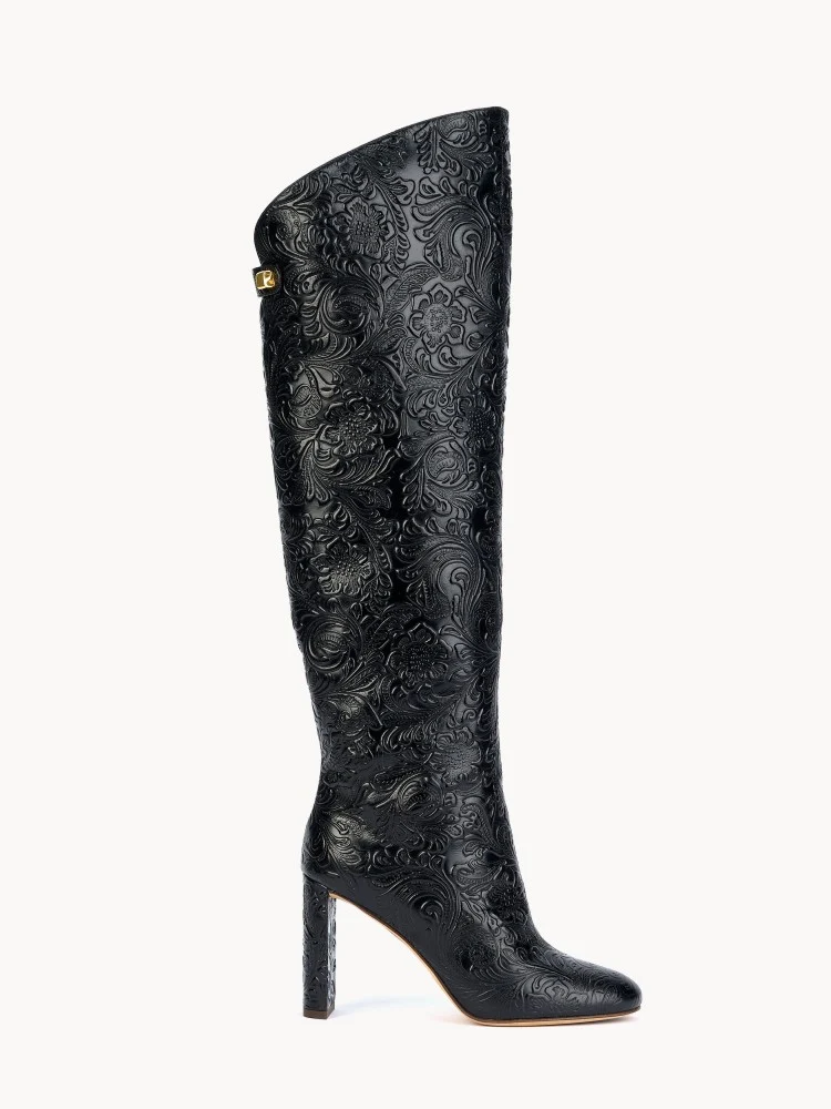 Bottes à talons Adriana Borgia en cuir embossé floral noir