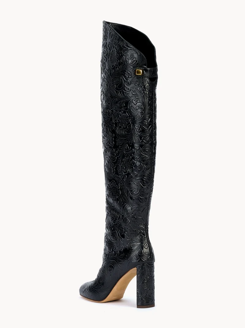 Bottes à talons Adriana Borgia en cuir embossé floral noir