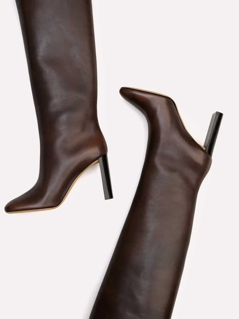Bottes Adriana en cuir piper marron chocolat et talon haut