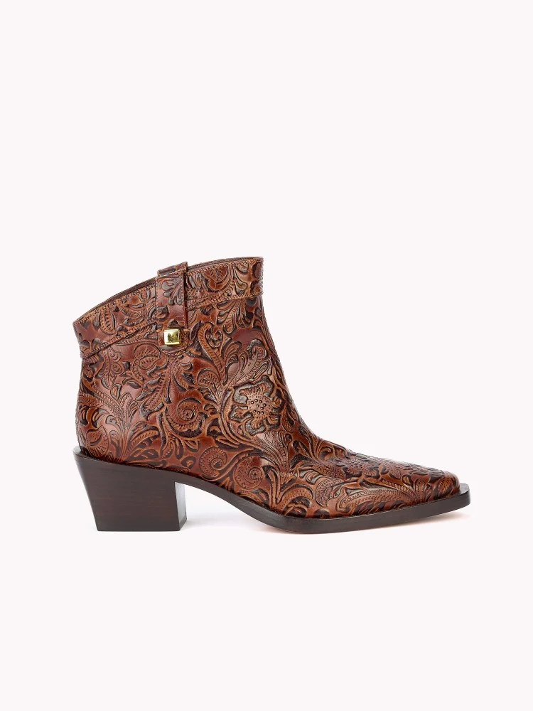 Bottines western Alexandra Borgia en cuir embossé floral marron pécan