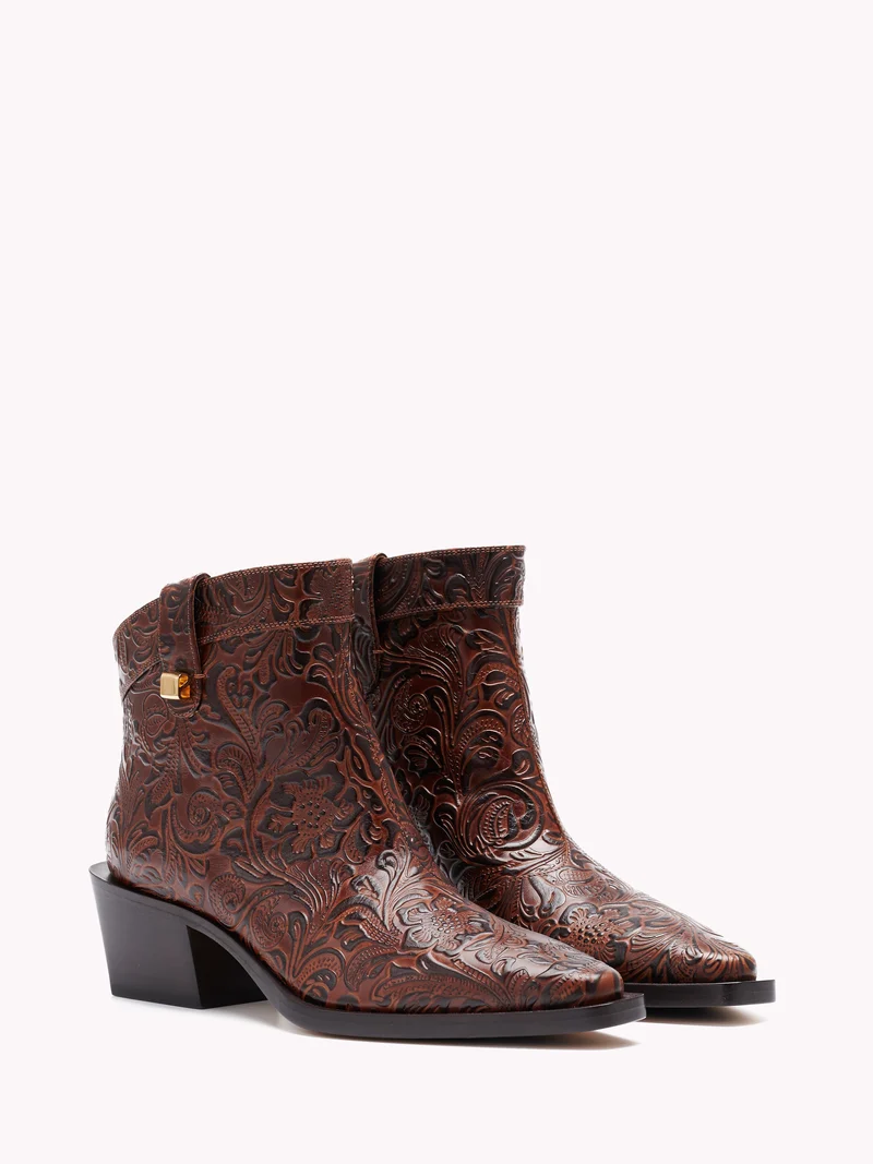 Bottines western Alexandra Borgia en cuir embossé floral marron pécan