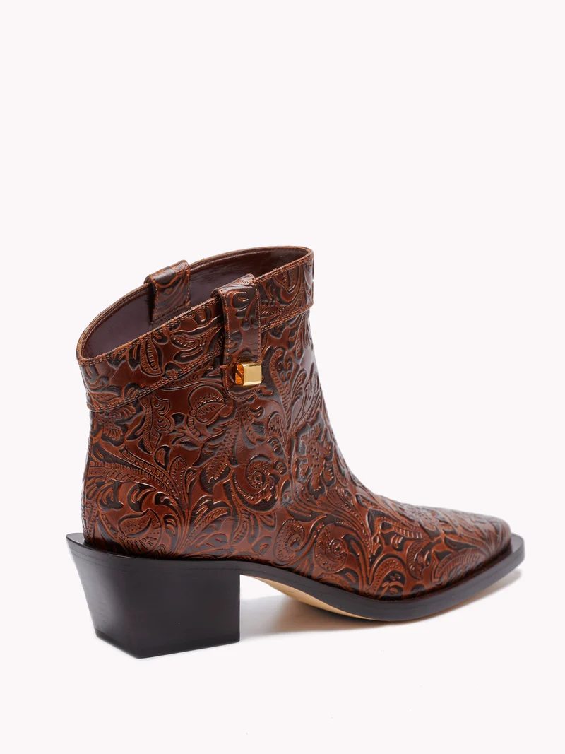 Bottines western Alexandra Borgia en cuir embossé floral marron pécan