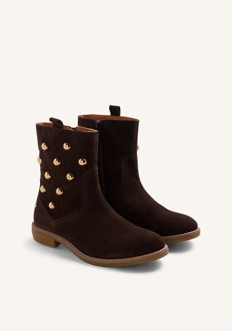 CHOCOLATE LEATHER STUDDED ANKLE BOOTS
