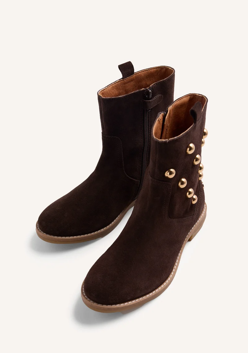 CHOCOLATE LEATHER STUDDED ANKLE BOOTS