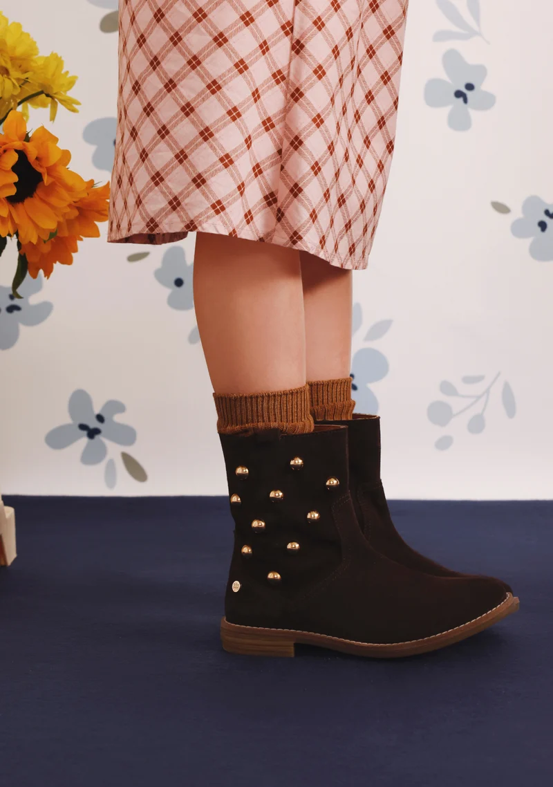 CHOCOLATE LEATHER STUDDED ANKLE BOOTS