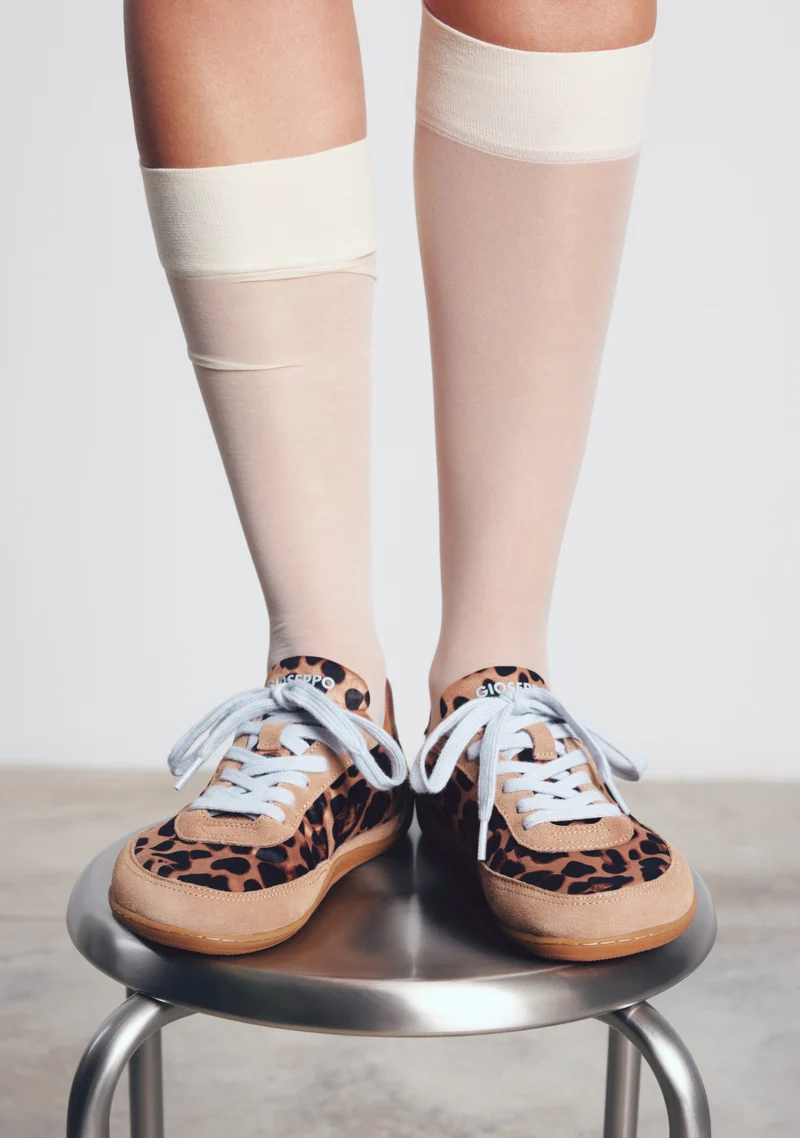 SATIN AND LEATHER BAREFOOT SNEAKERS WITH ANIMAL PRINT
