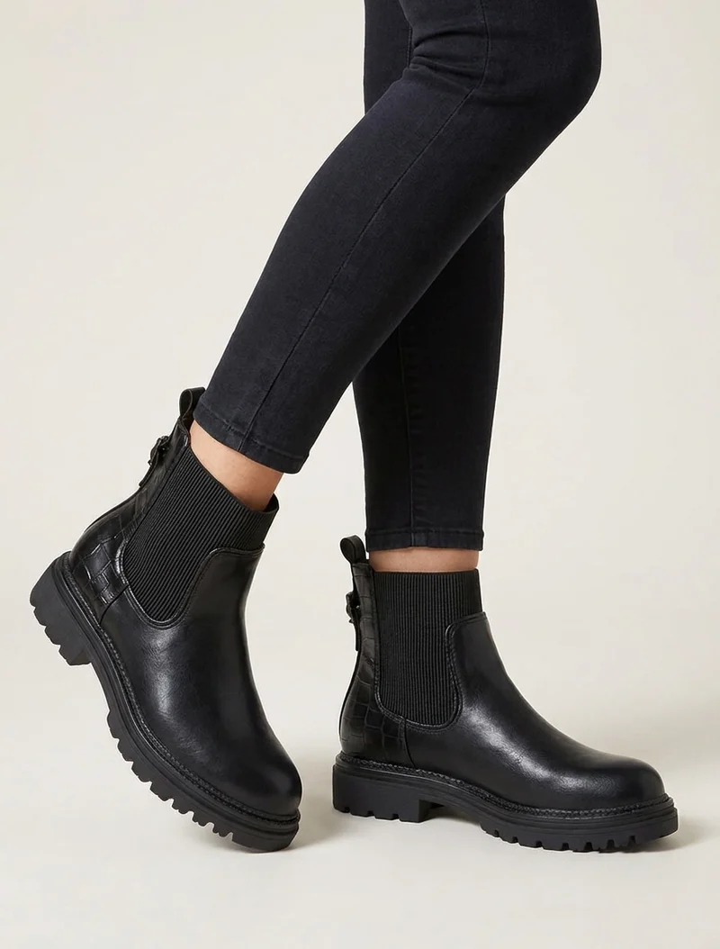 Bottines chelsea simili contrefort croco - Noir
