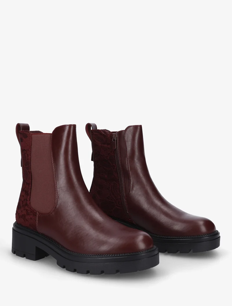 Bottines élastiquées à contrefort en dentelle - Bordeaux