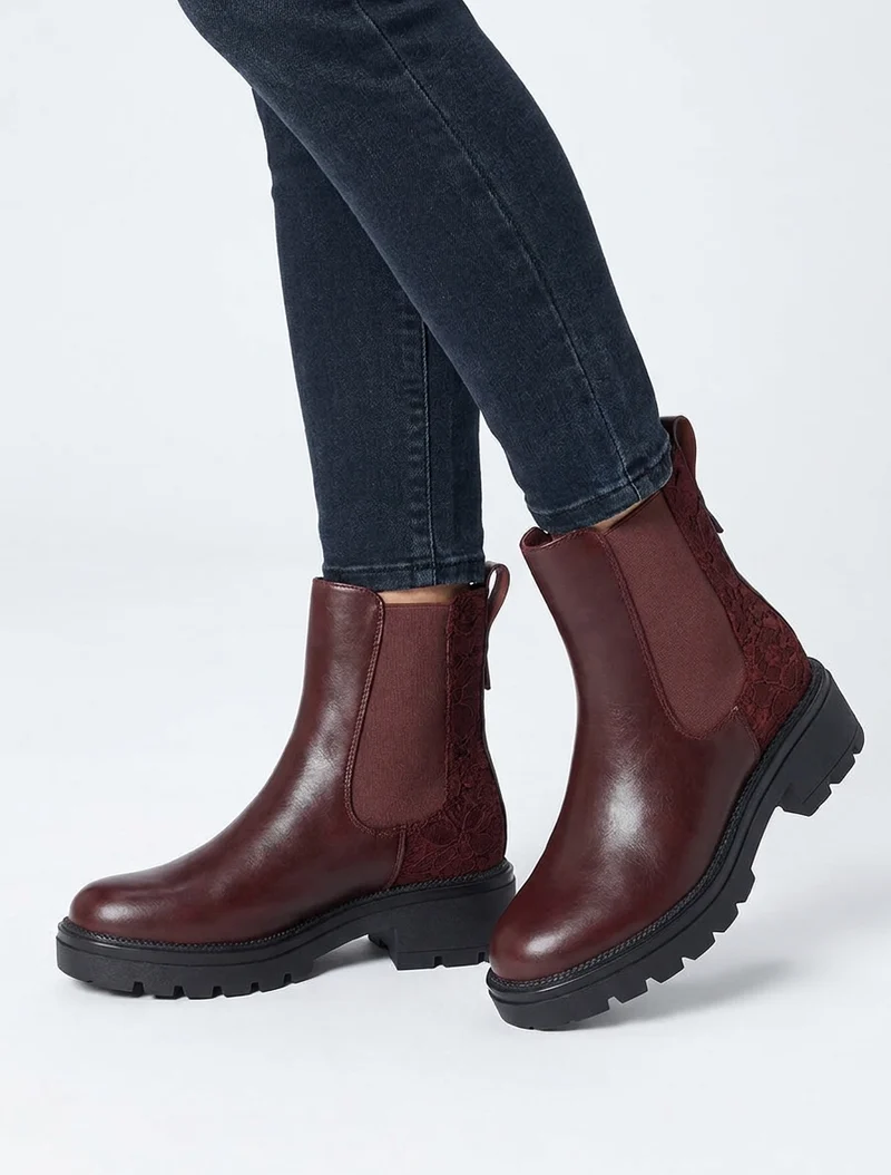 Bottines élastiquées à contrefort en dentelle - Bordeaux