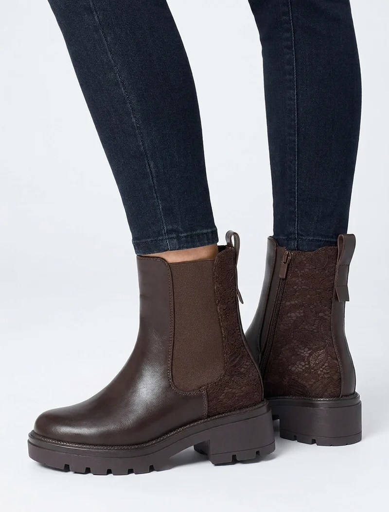 Bottines élastiquées à contrefort en dentelle - Chocolat