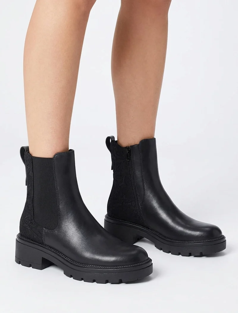 Bottines élastiquées à contrefort en dentelle - Noir