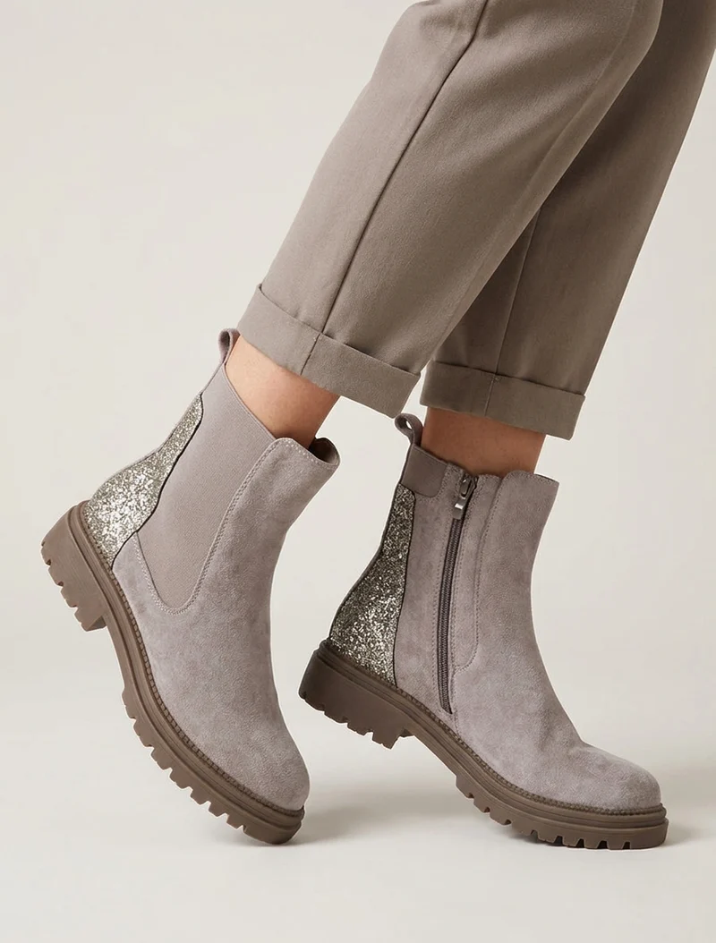 Bottines en suédine à contrefort pailleté - Gris clair