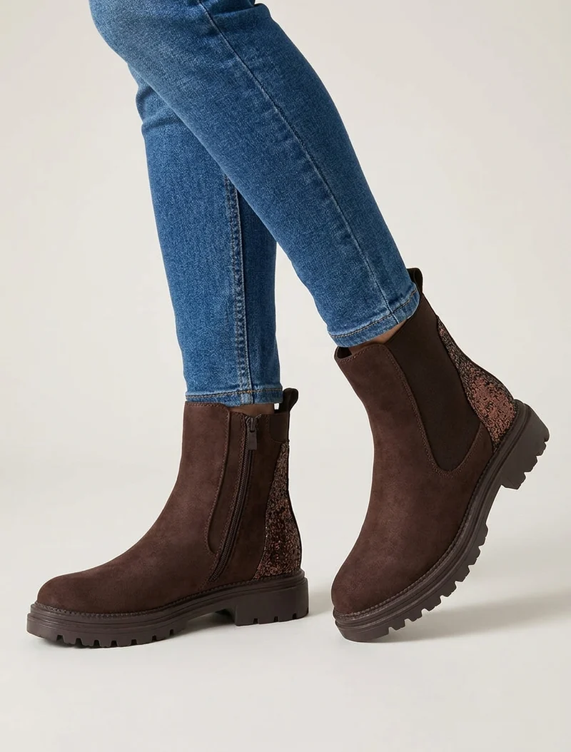 Bottines en suédine à contrefort pailleté - Chocolat
