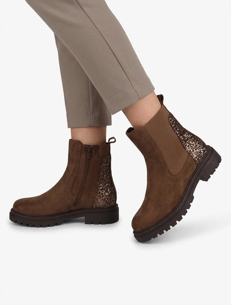 Bottines en suédine à contrefort pailleté - Marron