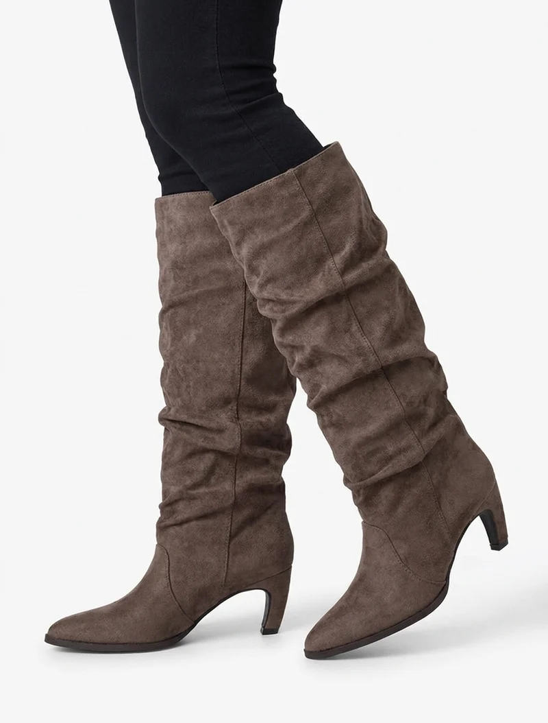 Bottes plissées en suédine à enfiler - Taupe foncé