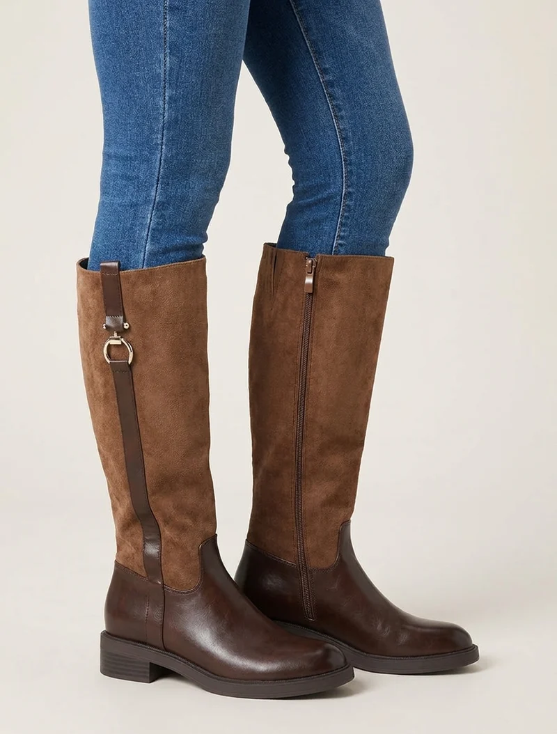 Bottes cavalières bi-matière à boucle - Marron