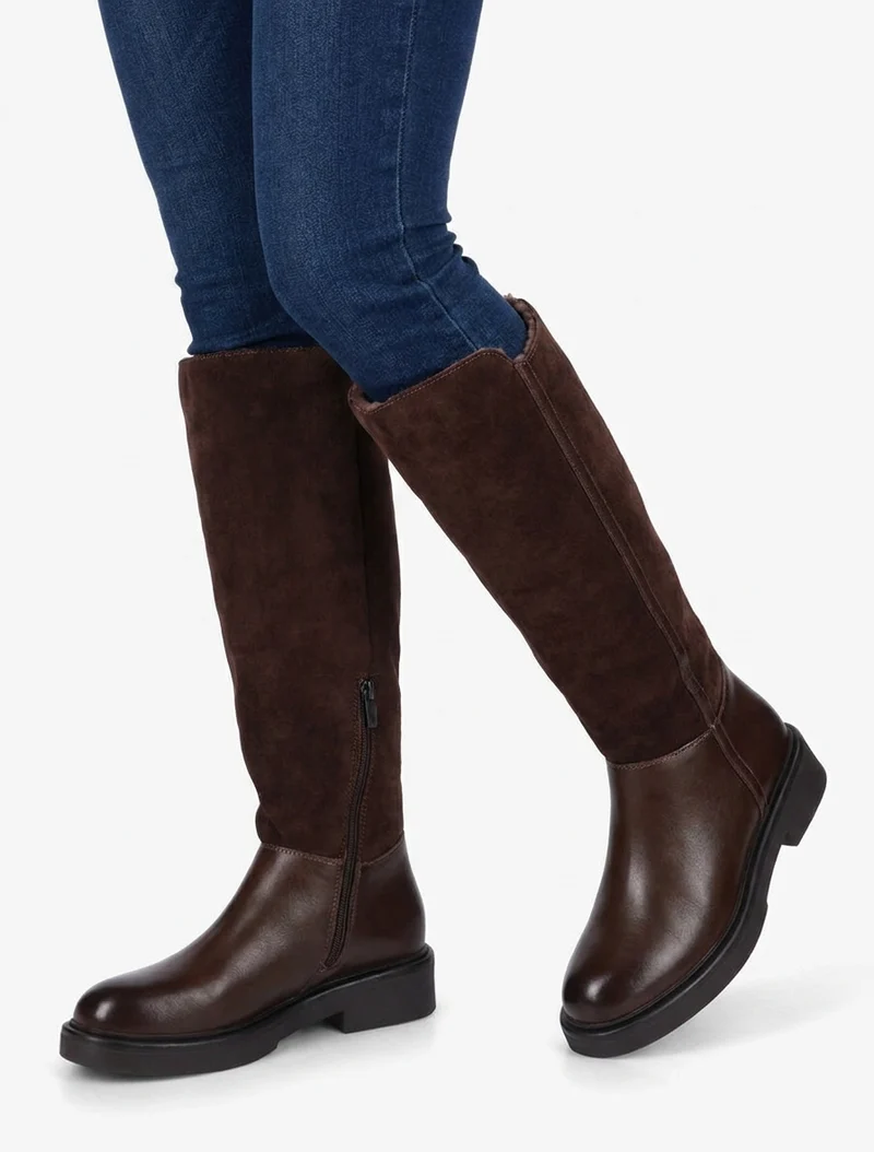 Bottes fourrées en suédine et simili - Marron
