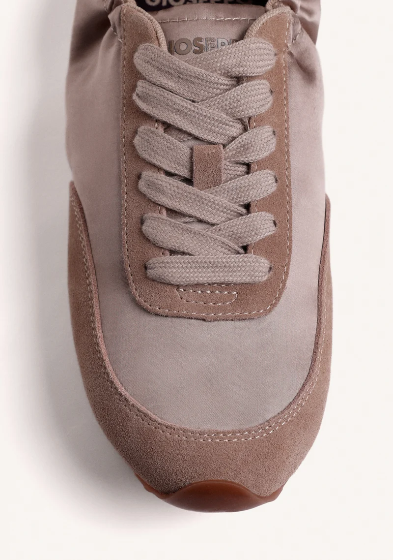 TAUPE LEATHER AND SATIN SNEAKERS