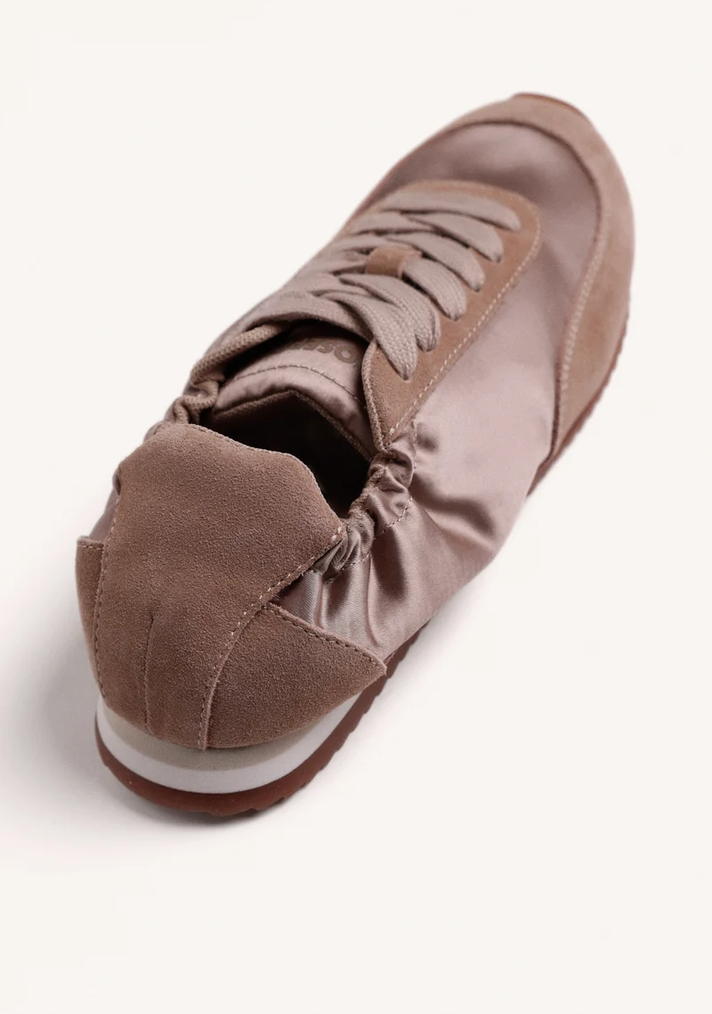 TAUPE LEATHER AND SATIN SNEAKERS