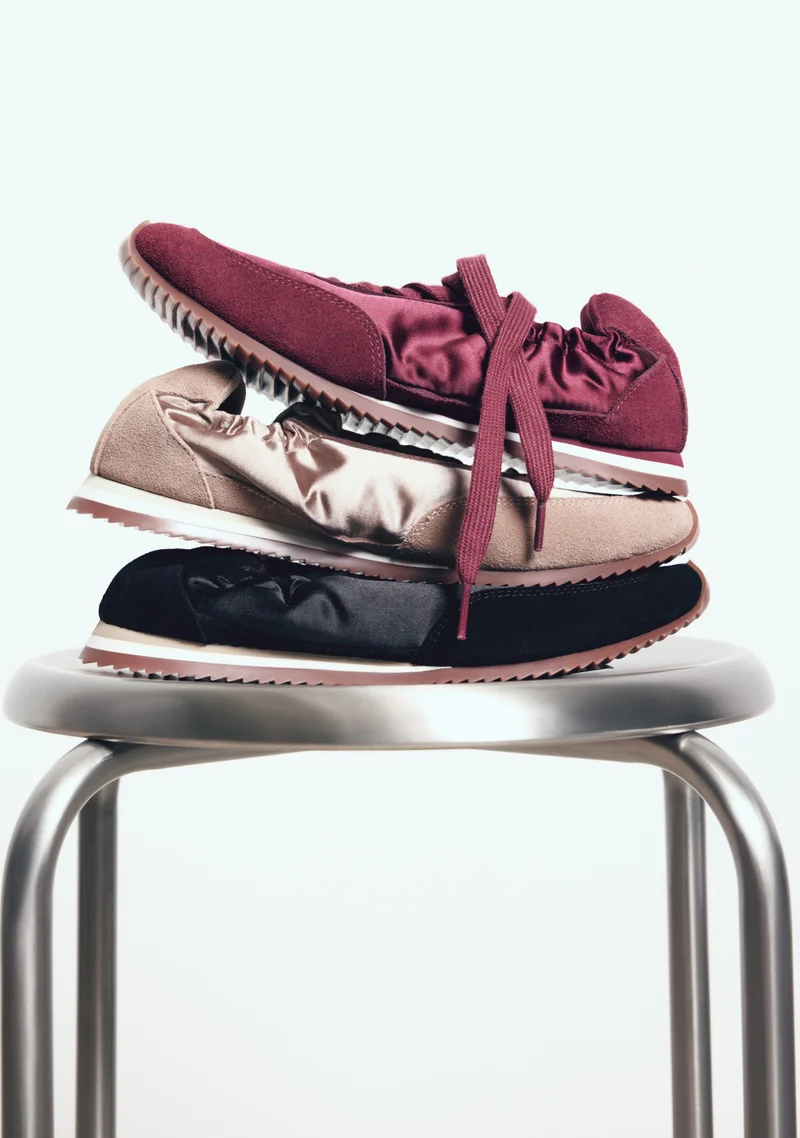 TAUPE LEATHER AND SATIN SNEAKERS
