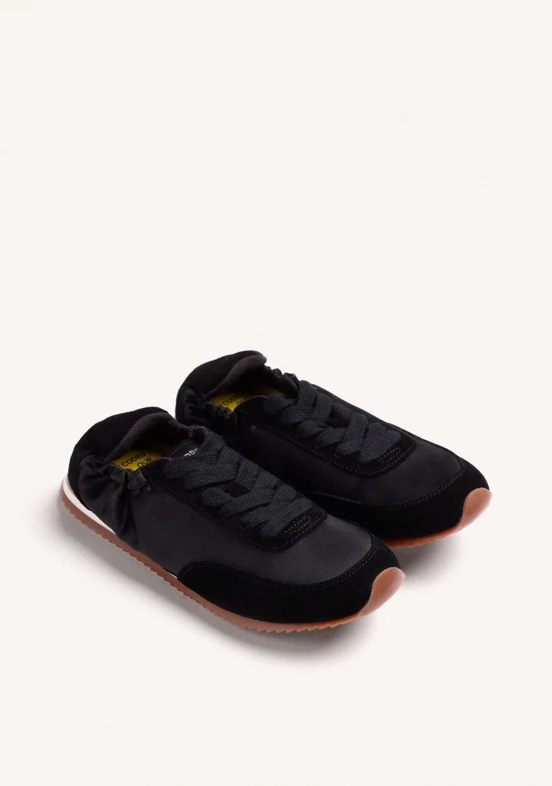 BLACK LEATHER AND SATIN SNEAKERS