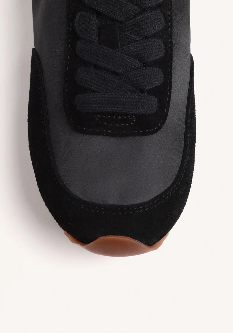 BLACK LEATHER AND SATIN SNEAKERS
