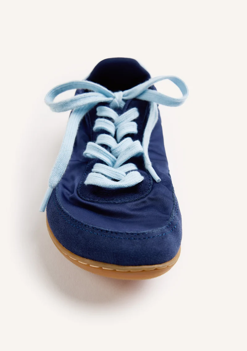 NAVY BLUE SATIN AND LEATHER BAREFOOT SNEAKERS