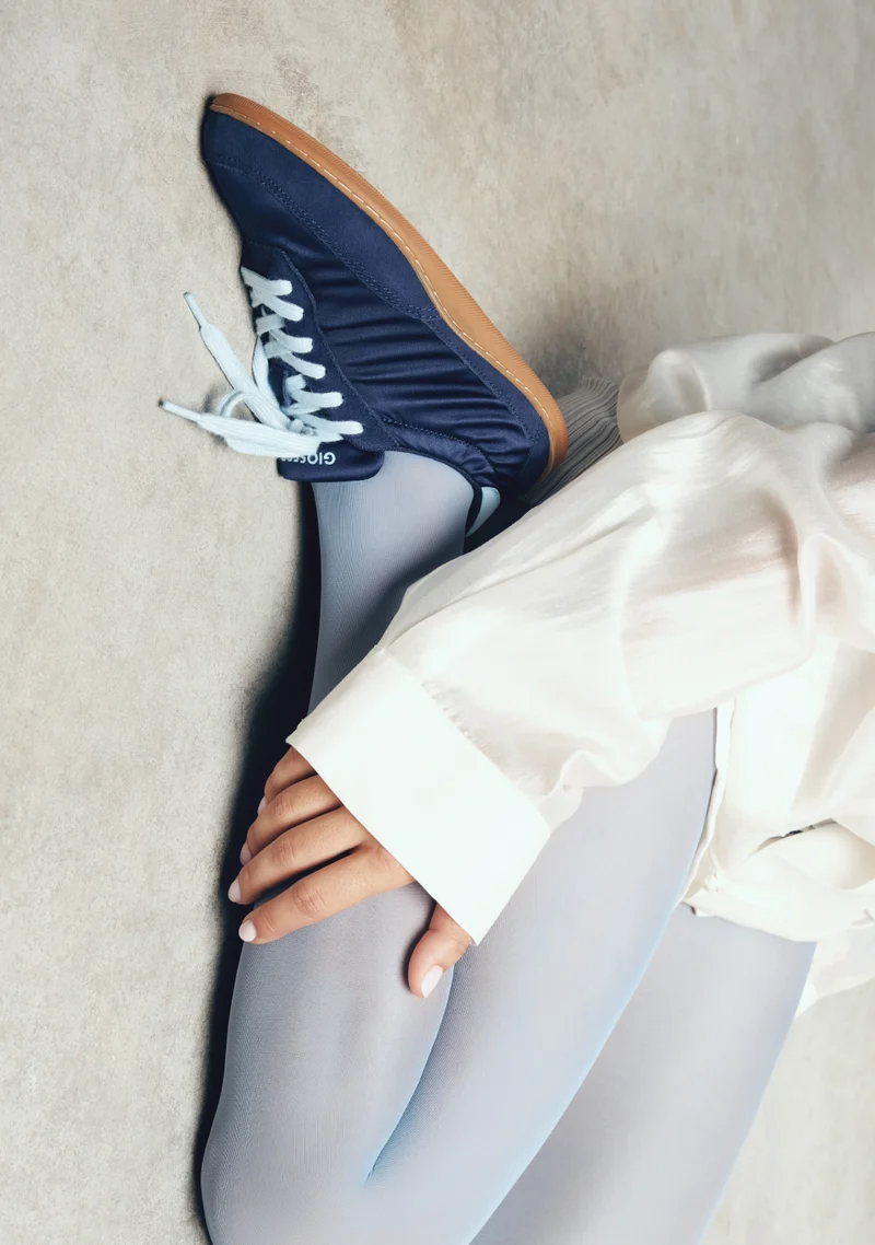 NAVY BLUE SATIN AND LEATHER BAREFOOT SNEAKERS