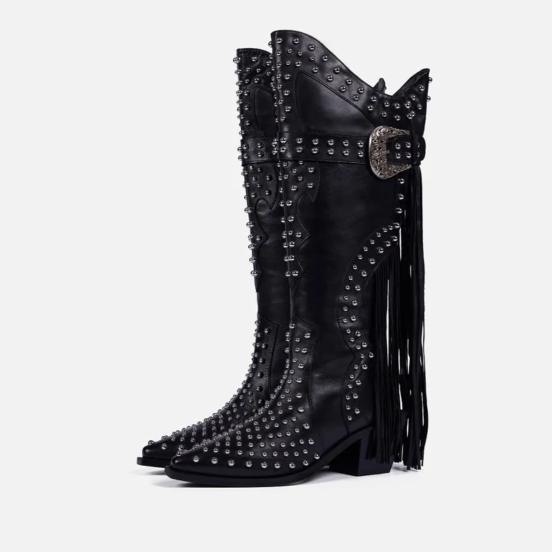 LEATHER HEELED BOOTS STUDS AND FRINGES - ARETHA BY MARÍA ESCOTÉ