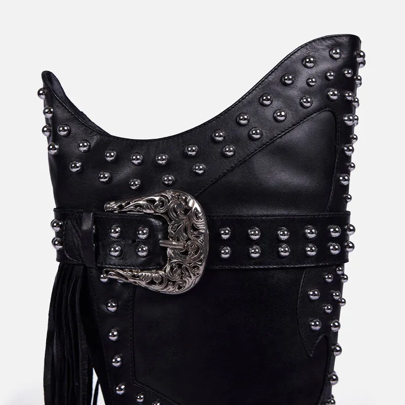 LEATHER HEELED BOOTS STUDS AND FRINGES - ARETHA BY MARÍA ESCOTÉ