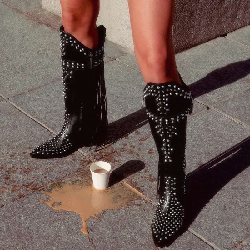 LEATHER HEELED BOOTS STUDS AND FRINGES - ARETHA BY MARÍA ESCOTÉ