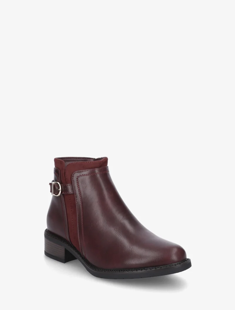 Bottines en simili à boucle et empiècement suédine - Lie de vin