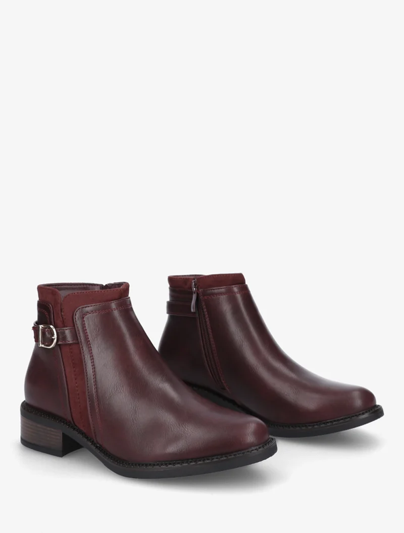 Bottines en simili à boucle et empiècement suédine - Lie de vin