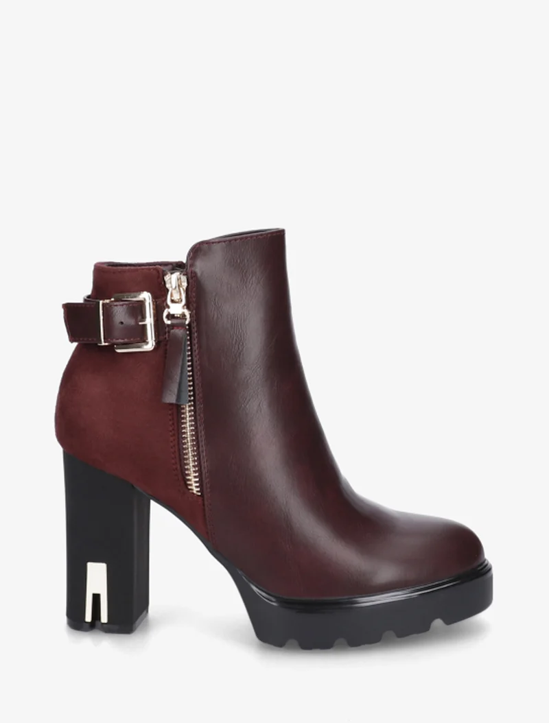 Bottines bimatière à zip décoratif - Lie de vin
