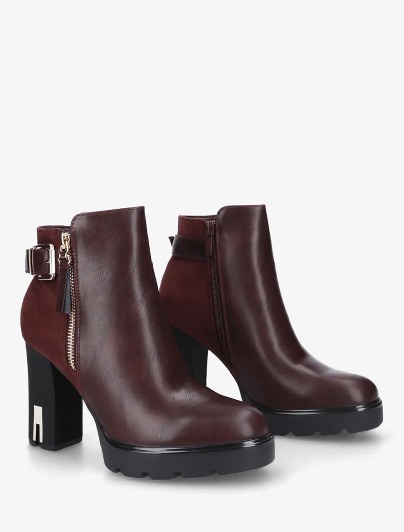 Bottines bimatière à zip décoratif - Lie de vin