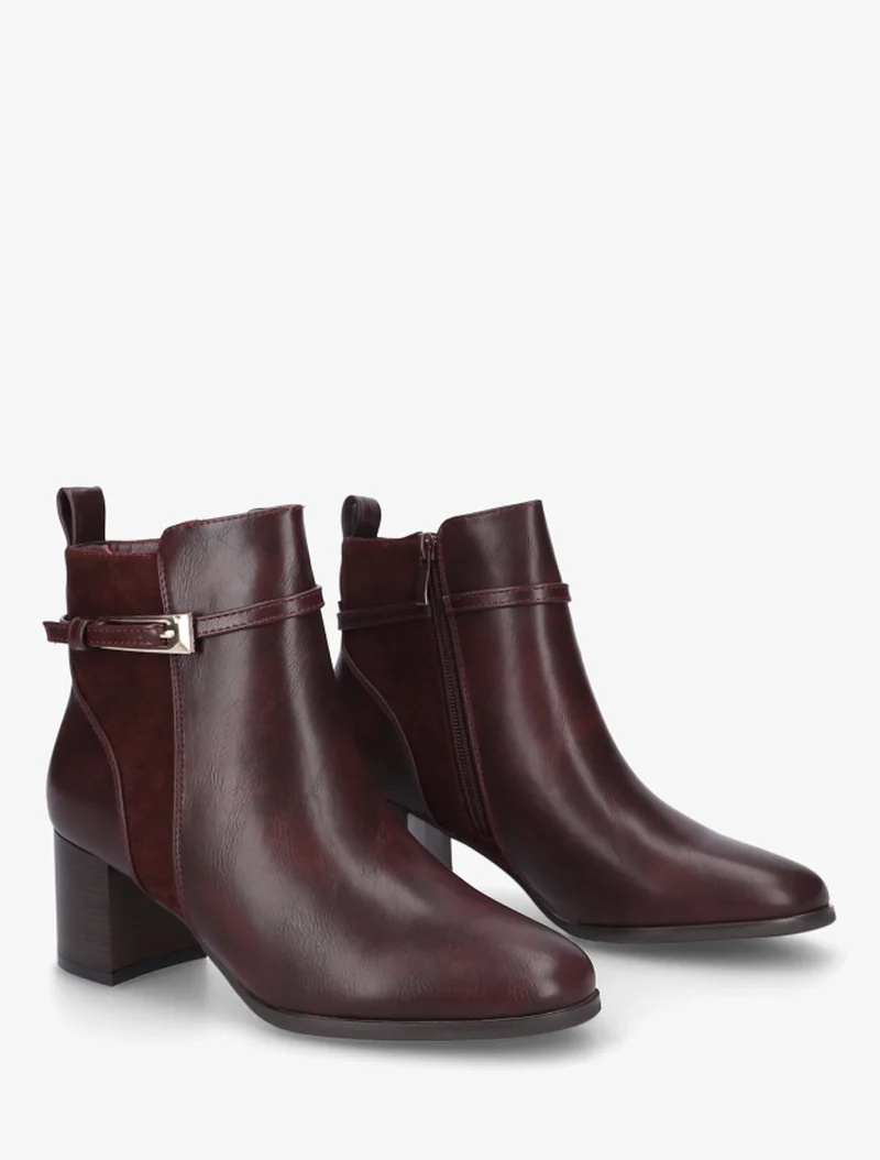 Bottines bimatière avec sangles - Lie de vin