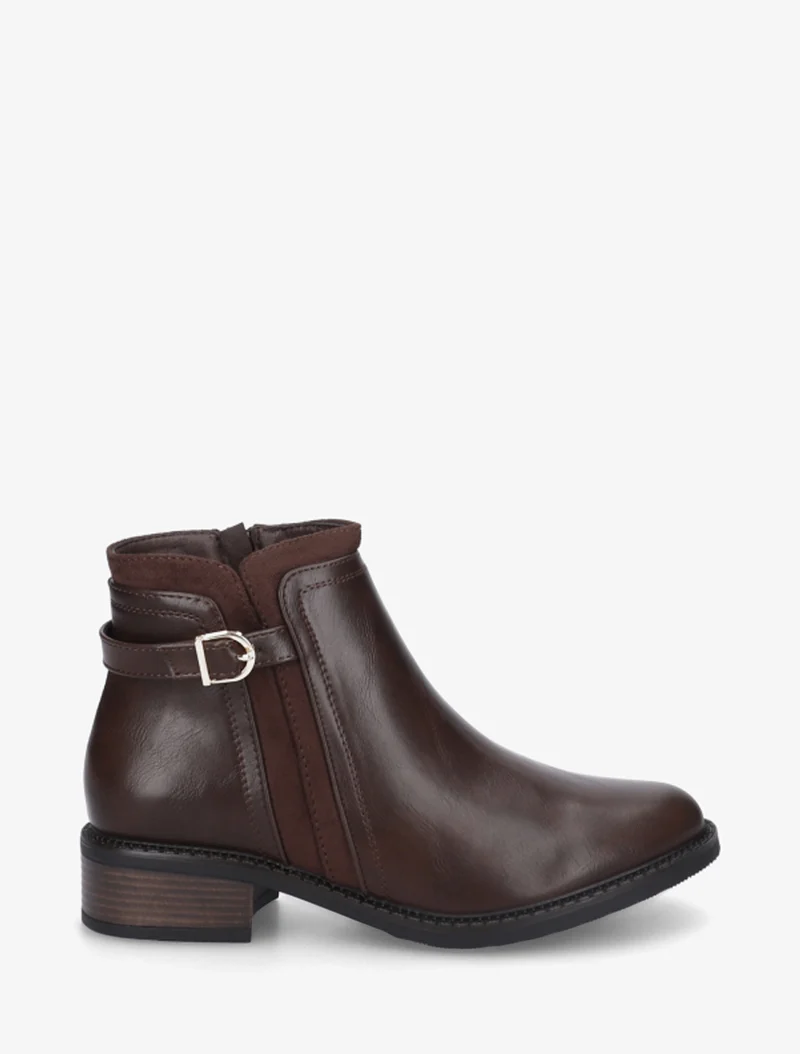 Bottines en simili à boucle et empiècement suédine - Marron