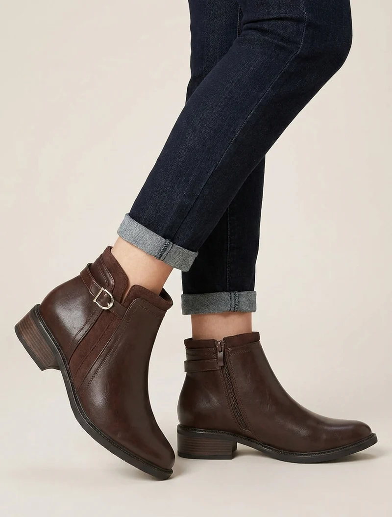 Bottines en simili à boucle et empiècement suédine - Marron