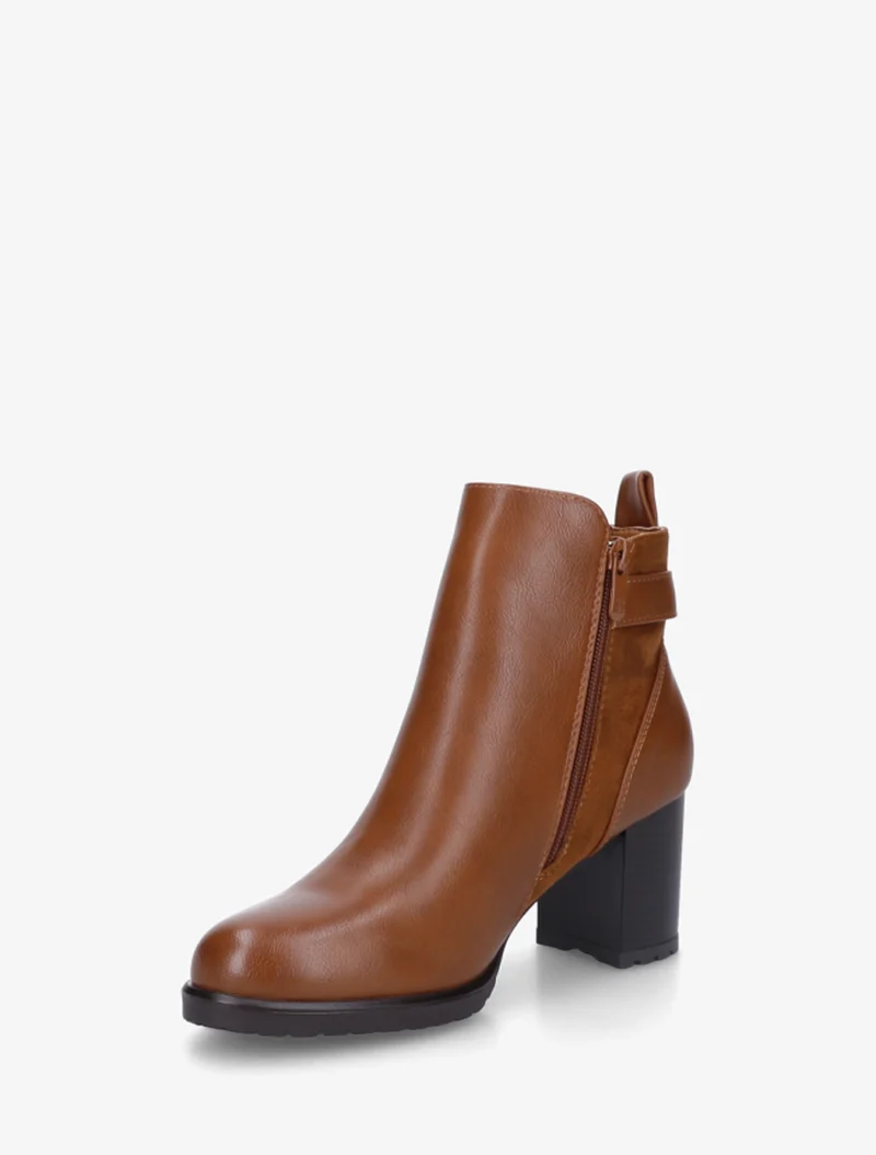 Bottines en simili et suédine à boucle métallique - Camel